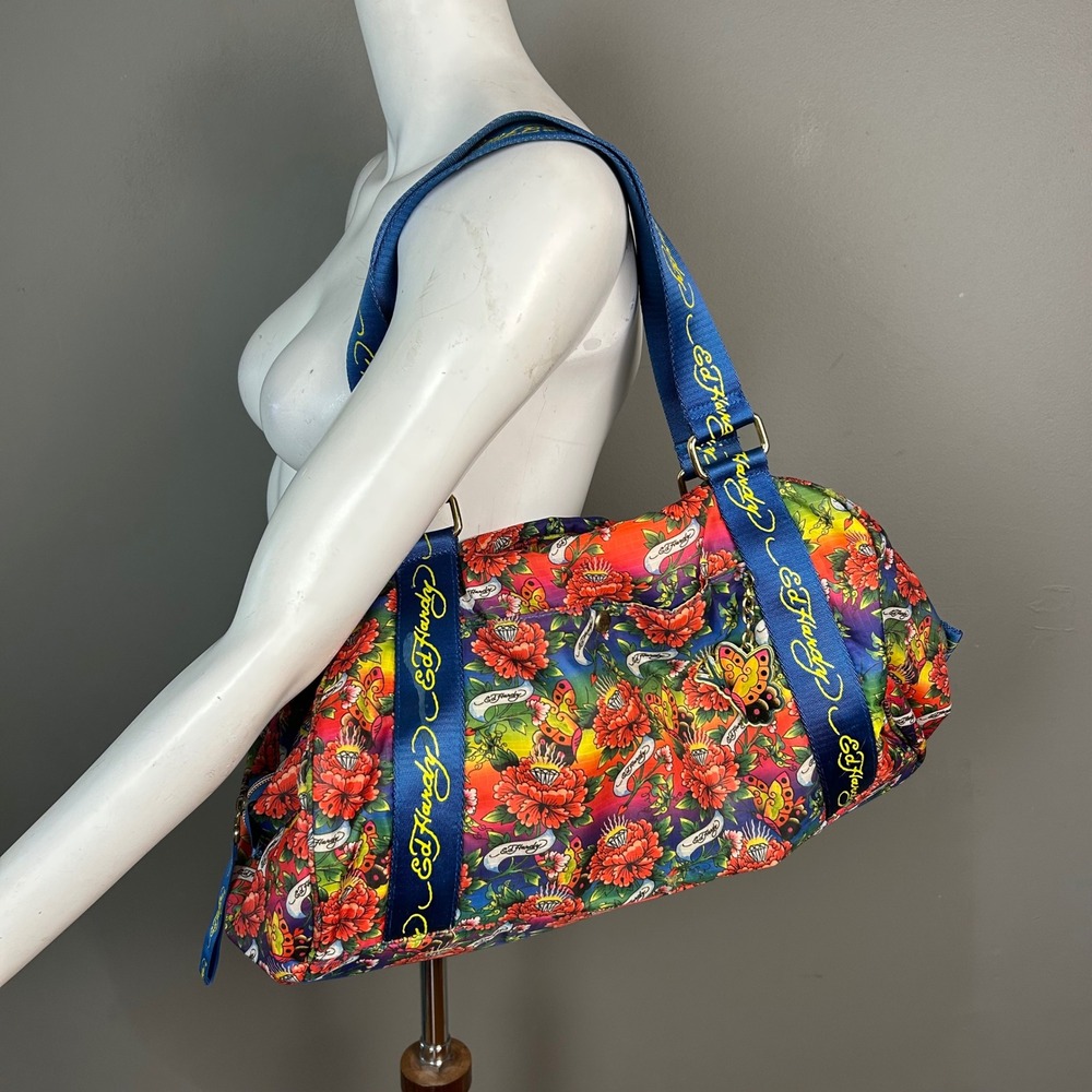 Y2K Ed Hardy Tattoo Floral Print Barrel Bag Duffle Shoulder Bag Blue Straps